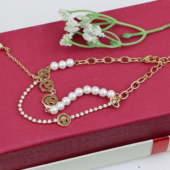 Rose Gold Smiley Face Pearl and Crystal Layered Bracelet, XPBL0671 - Picture 10 of 12